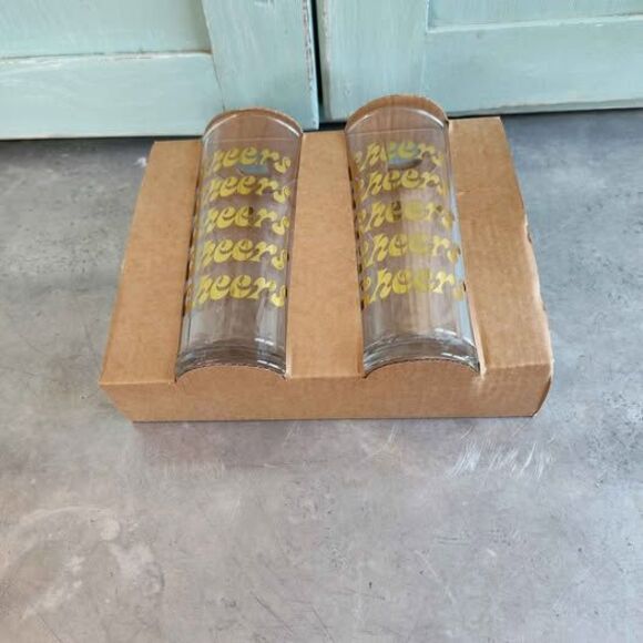 NEW 2 PK 6" Tall Gold Print Cheers Clear Glasses - Picture 2 of 9